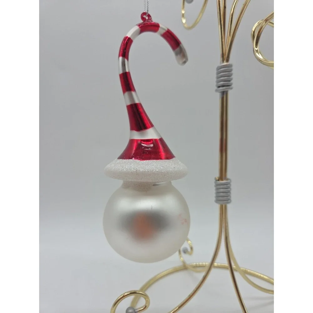 Whimsical Spiral Candy Cane Hat Red Swirl Hook Snowman Glass Ornament 6